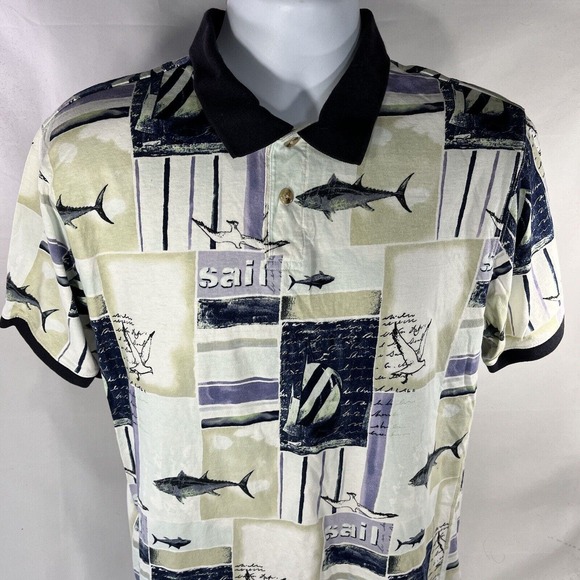 VINTAGE M.E. SPORT POLO SHIRT MENS MEDIUM SAIL SAILING FISH ALL OVER PRINT - Picture 1 of 10
